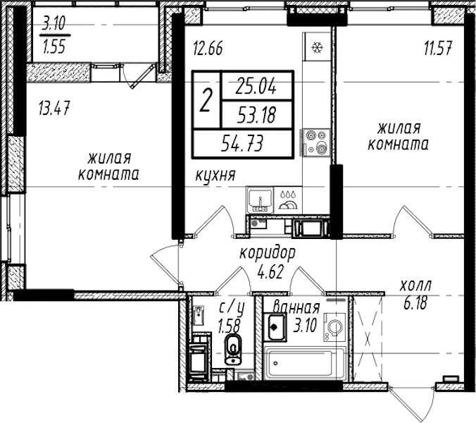 2-комнатная квартира 54.73 м², 15/16 эт., ЖК «Северная Долина»